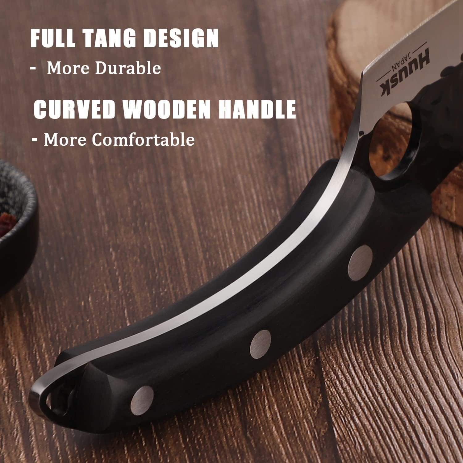 Huusk Viking Knife hammered blade texture reduces sticking for smoother slicing.