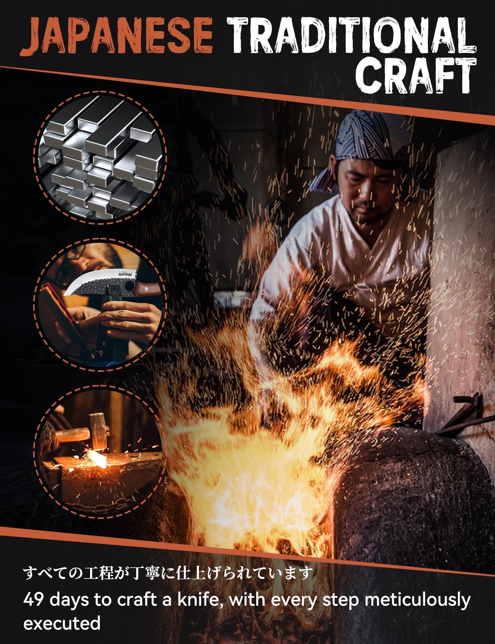 Huusk high-carbon steel blade for lasting sharpness in meat and veg prep.