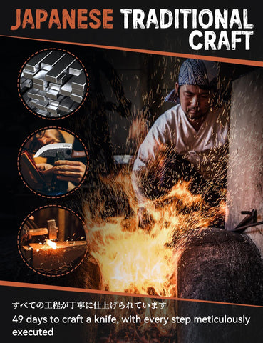 Huusk high-carbon steel blade for lasting sharpness in meat and veg prep.