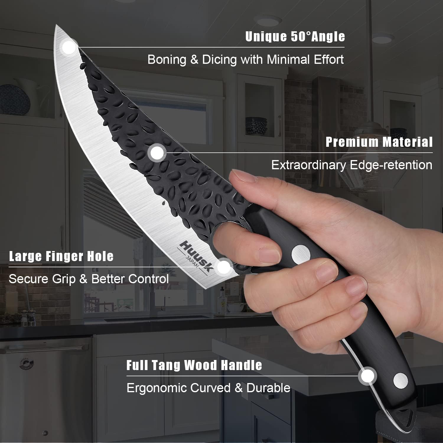 Huusk Viking Knife laser-index hole enhances control for precise carving.