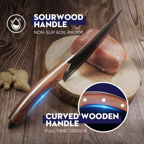 Huusk Viking knife in a professional kitchen during meat cutting.