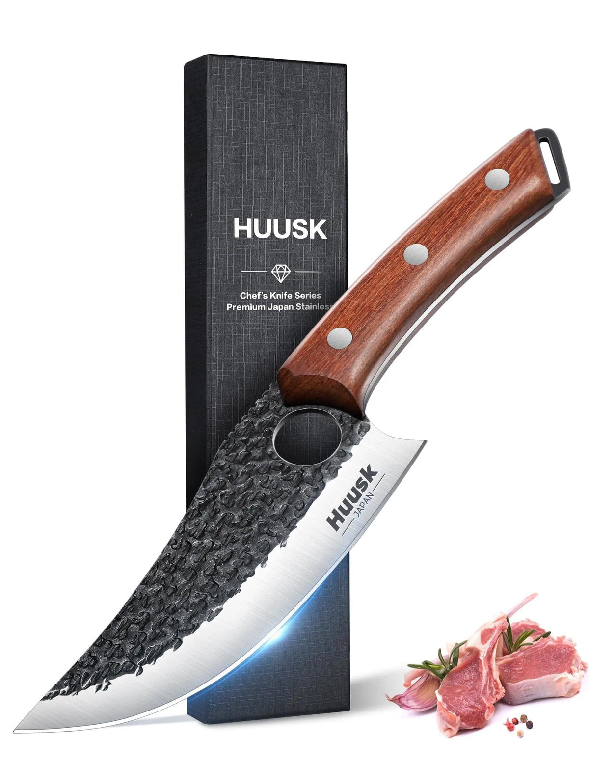 Huusk Viking knife with wooden full-tang handle offers precise kitchen cuts.