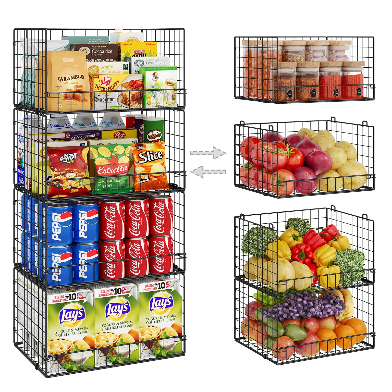 Huxitocan 4-pack stackable wire baskets for pantry organization with space-saving design.
