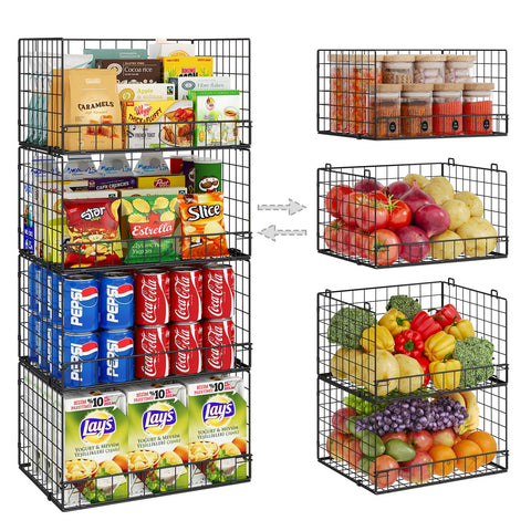 Huxitocan 4-pack stackable wire baskets for pantry organization with space-saving design.