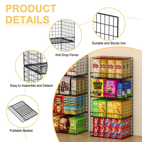 Huxitocan multi-use metal baskets organize snacks, toys, and canned goods.