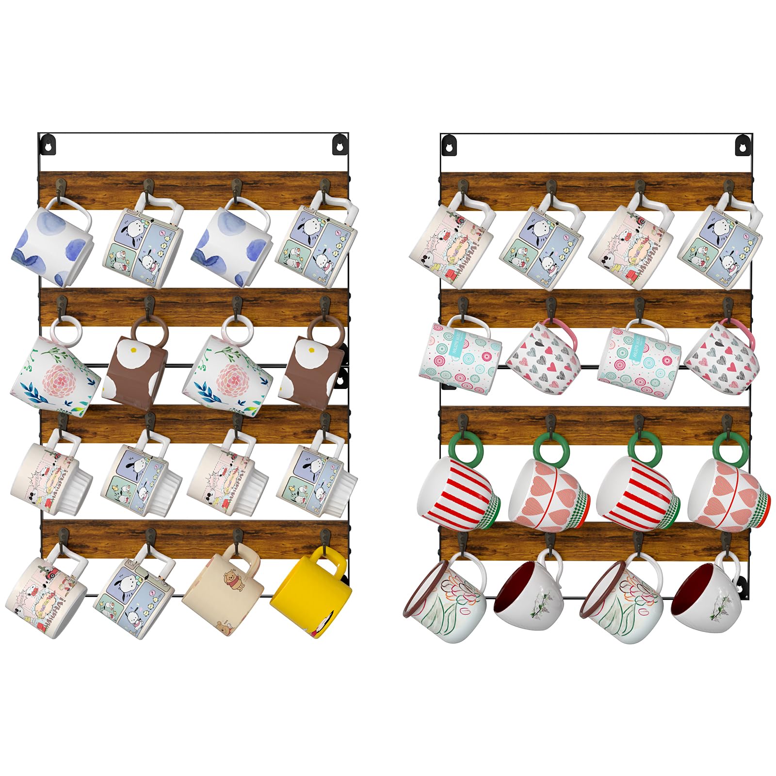 Huxitocan rustic wood mug rack wall mount four-pack displaying up to 32 mugs