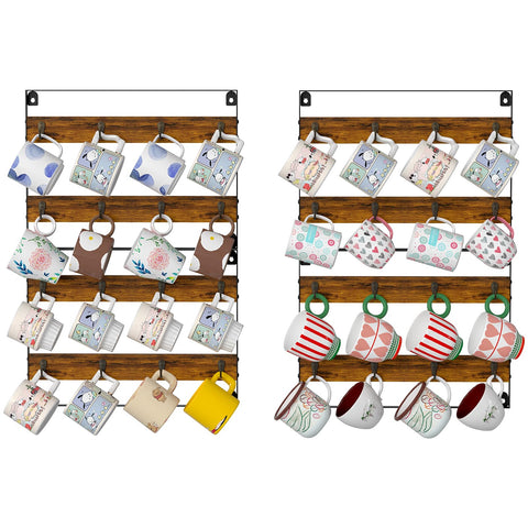 Huxitocan rustic wood mug rack wall mount four-pack displaying up to 32 mugs