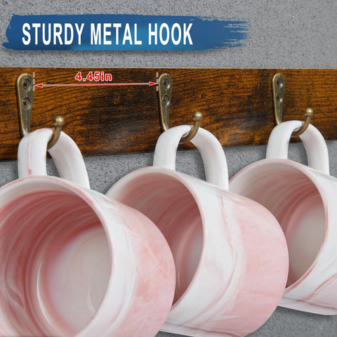 Huxitocan mug rack close-up shows durable rustic wood and iron hardware