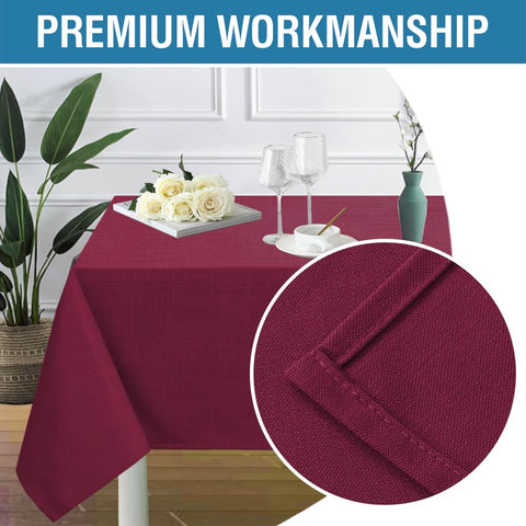 H.VERSAILTEX tablecloth on dining setup shows waterproof, spill-proof protection.