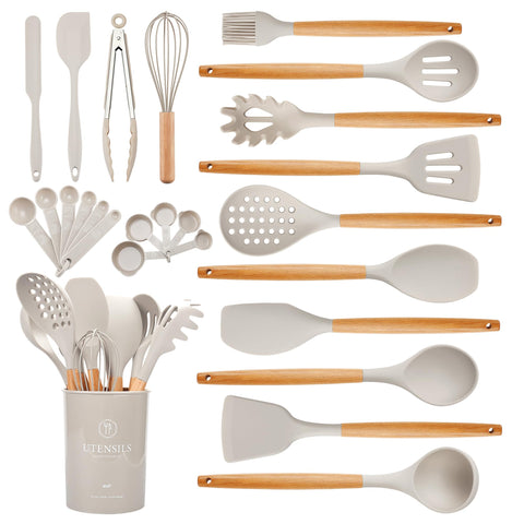 Hvygss 26-piece utensils with wooden handles for comfortable, versatile cooking.