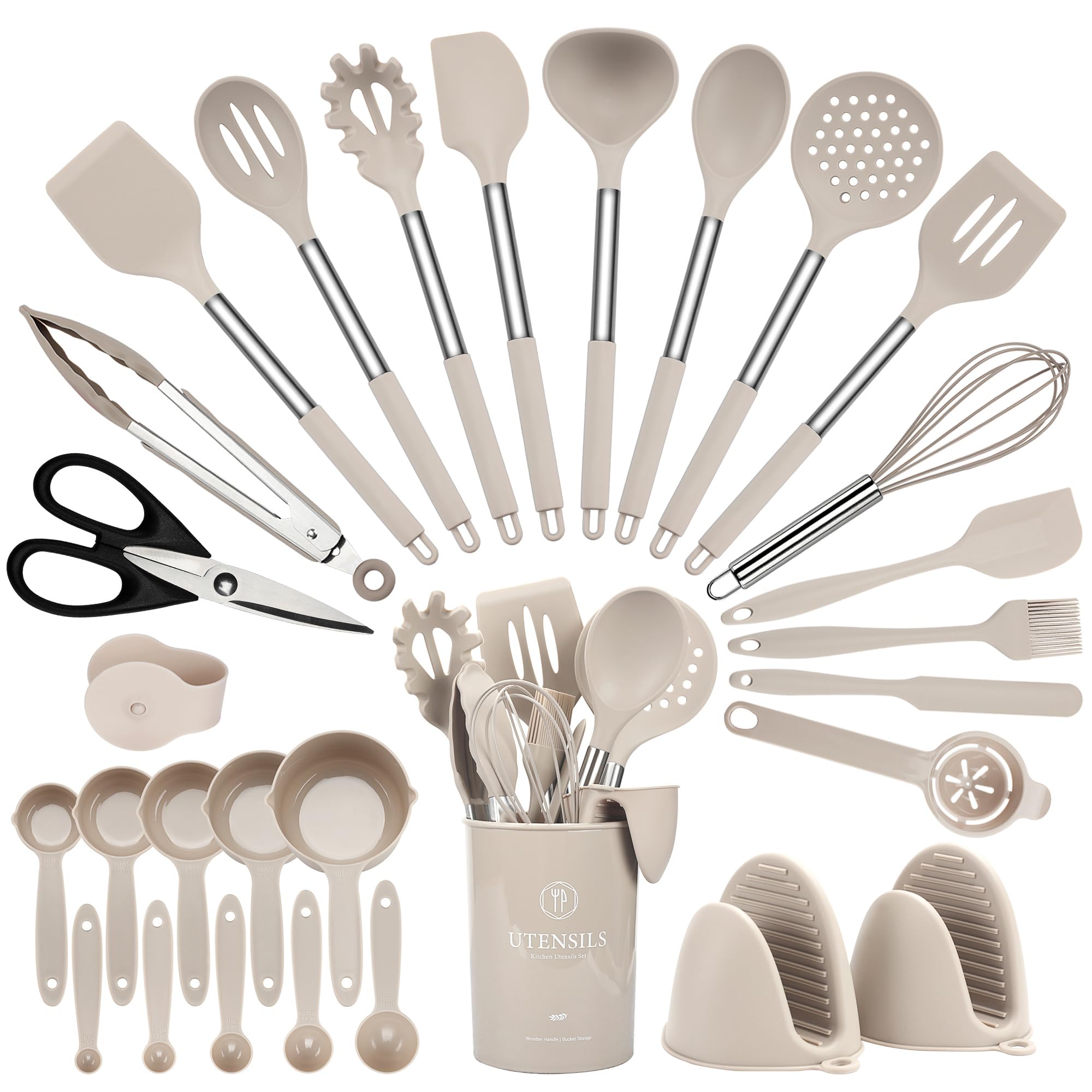 Hvygss 28-piece silicone utensils set with stainless steel handles, organized for versatile cooking