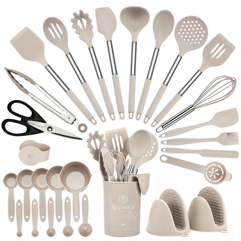 Hvygss 28-piece silicone utensils set with stainless steel handles, organized for versatile cooking