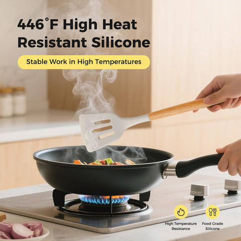 Hvygss heat-resistant silicone utensils endure high heat for safe non-stick cooking.