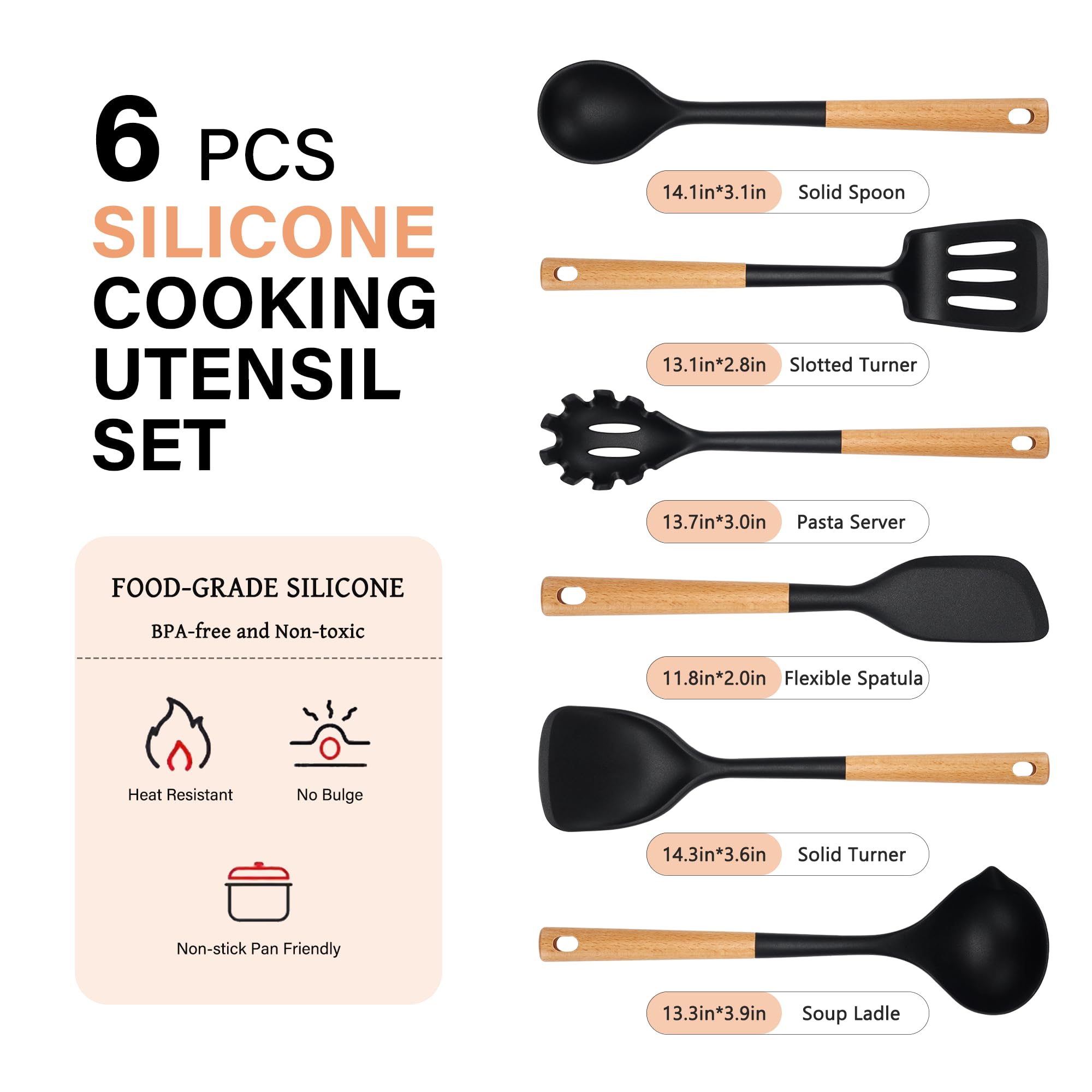 Hvygss long wooden-handle utensils show heat insulation for safety.