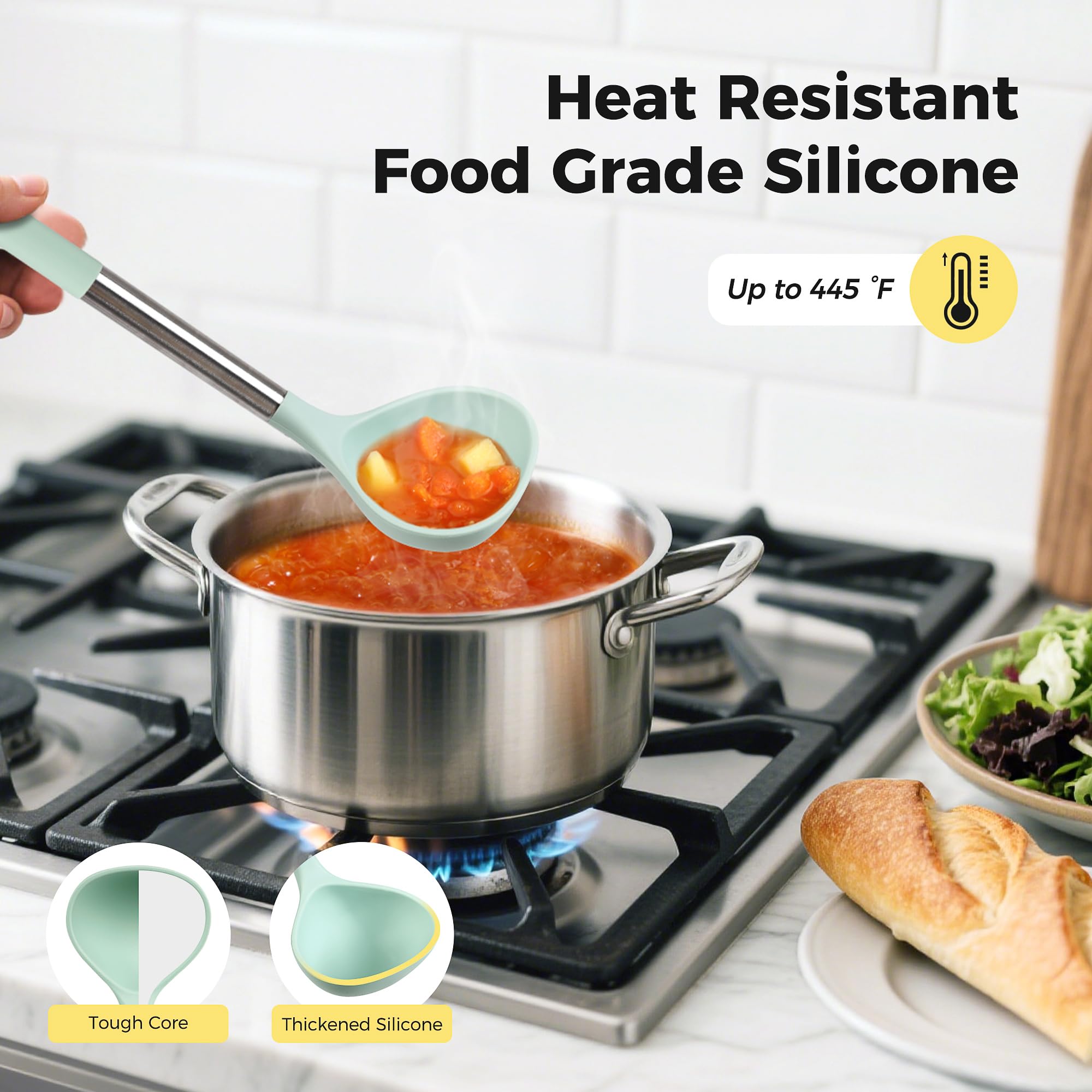 Hvygss silicone spatula close-up, safe for non-stick cookware and easy to scoop.