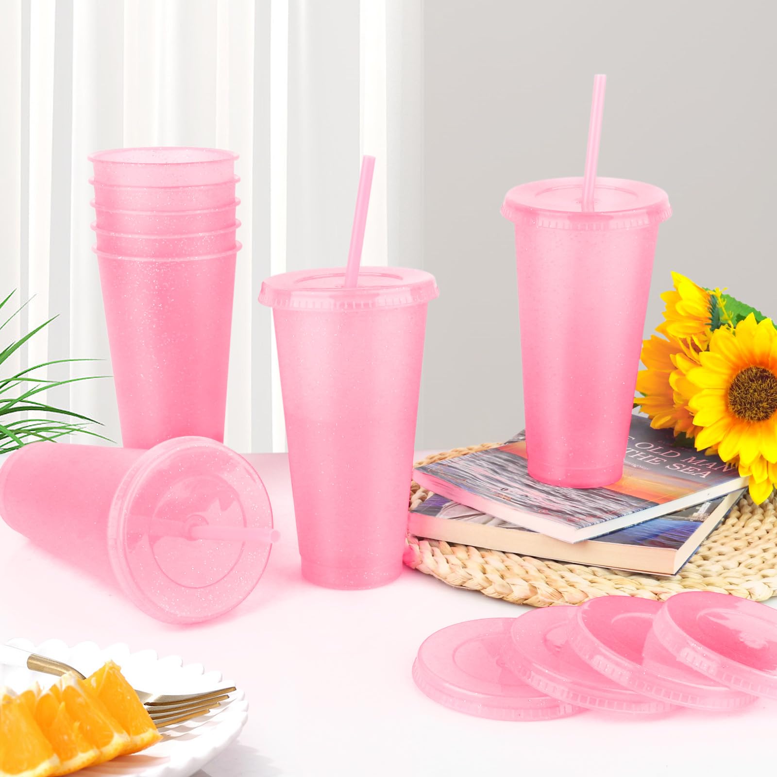 Hxezoc glitter cup in use for coffee or juice, 24oz capacity