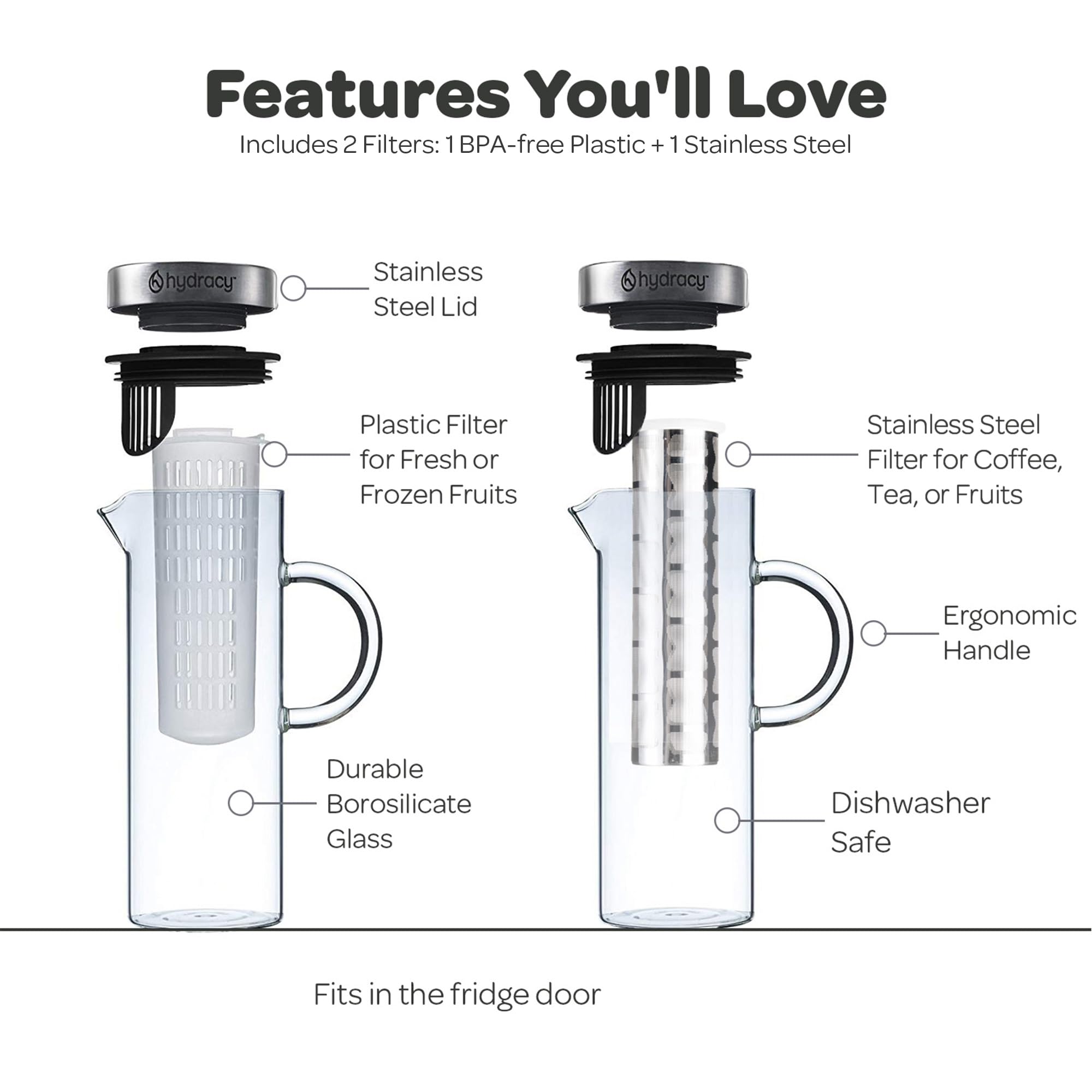 Hydracy 52oz glass infuser pitcher ready for iced tea and fruit infusions.