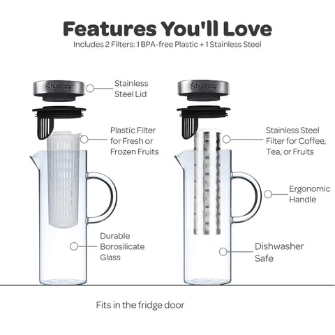 Hydracy 52oz glass infuser pitcher ready for iced tea and fruit infusions.