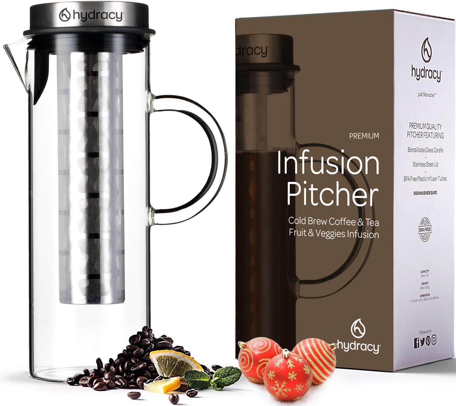 Hydracy cold brew pitcher with fine mesh for smooth at home coffee.