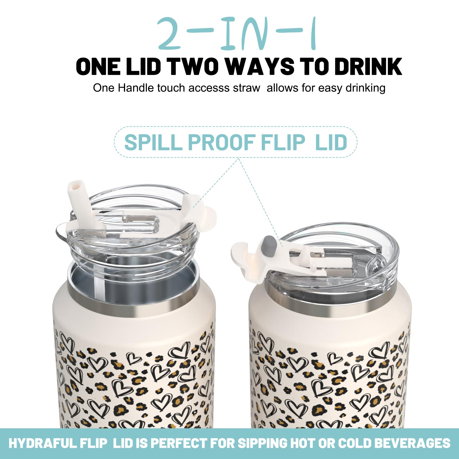 Hydraful 2-in-1 lid for sipping or flipping, leak-resistant.