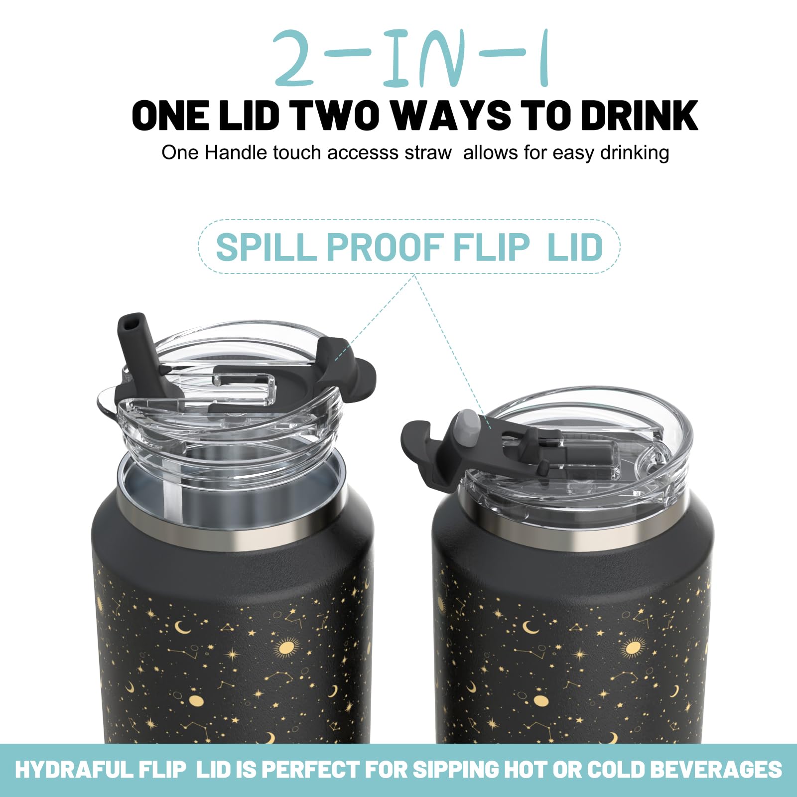 Hydraful 2-in-1 lid with sip spout and flip-top for versatility.