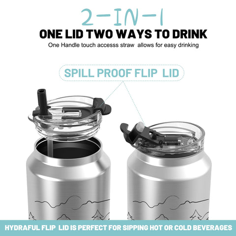 Hydraful 2-in-1 lid with sipping spout and flip-top for versatility.
