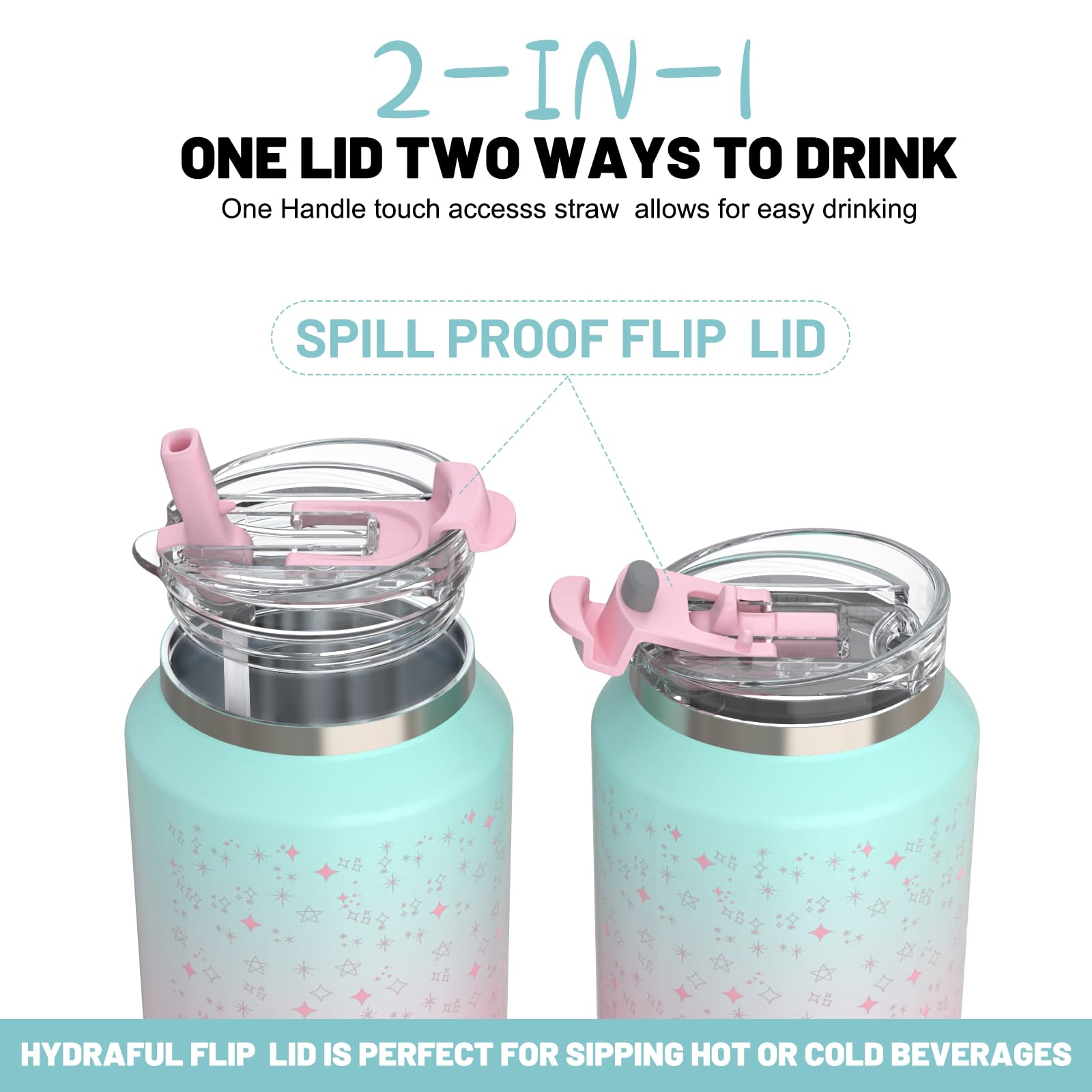 Hydraful 2-in-1 lid with sip spout and flip-top for versatile use.