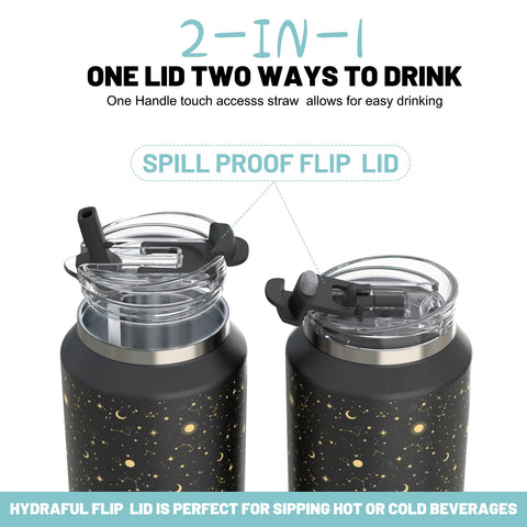 Hydraful 2-in-1 lid with sipping spout and flip-top for versatile use.