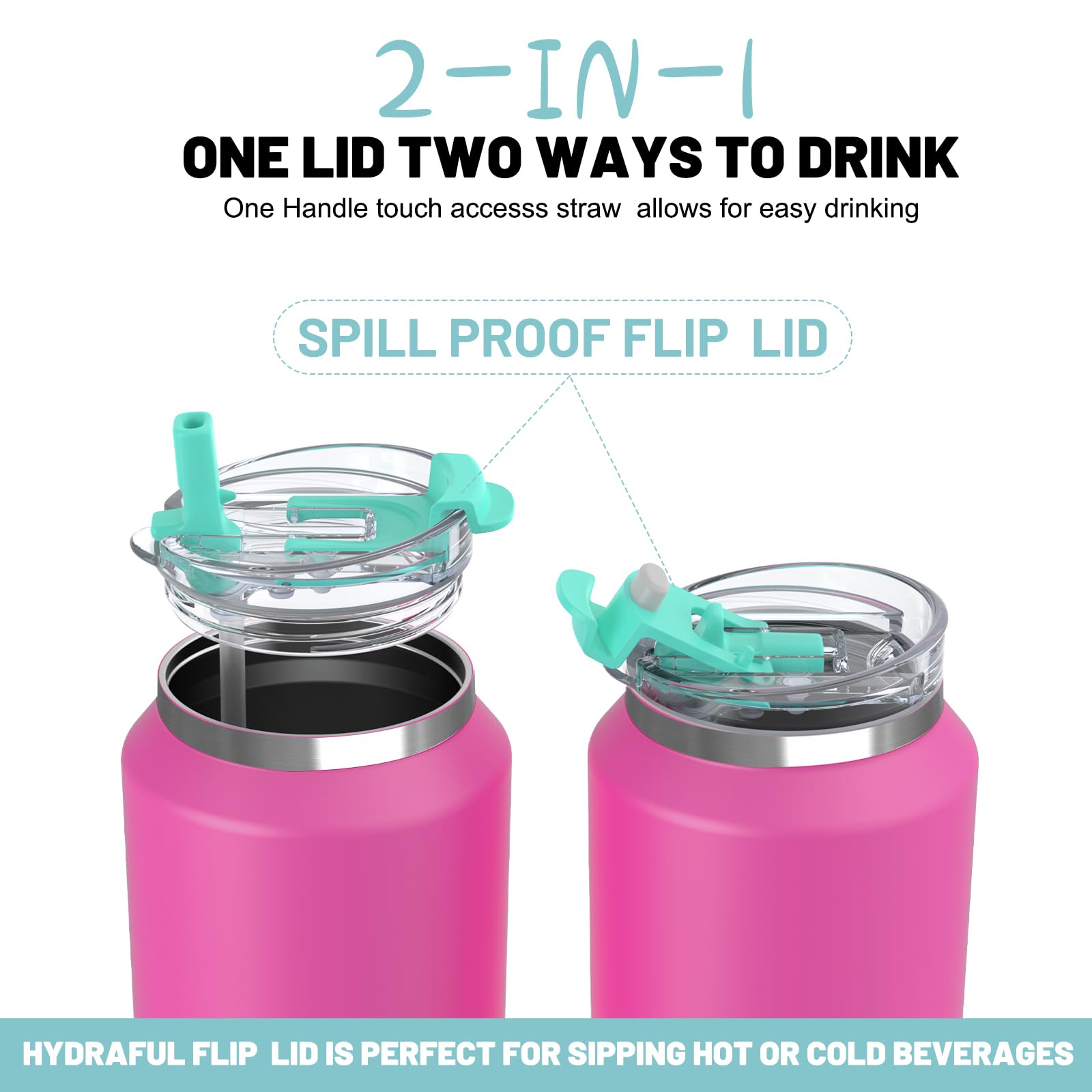 Hydraful 64oz tumbler 2-in-1 lid for sip or flip-top access.