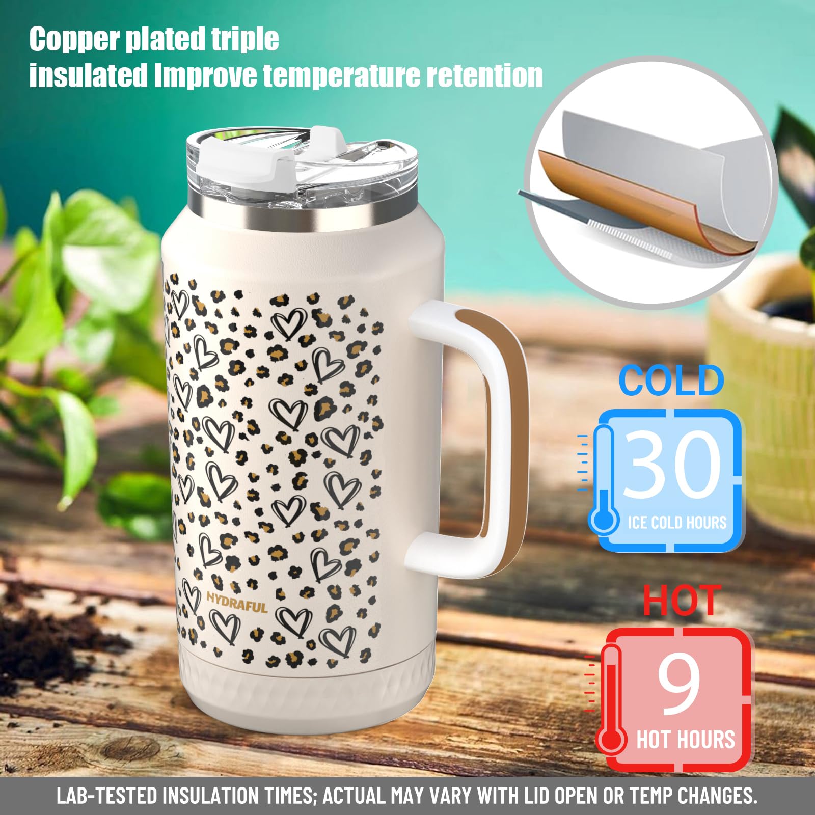Hydraful 64oz tumbler 2-in-1 lid offers sipping and flip-top convenience.