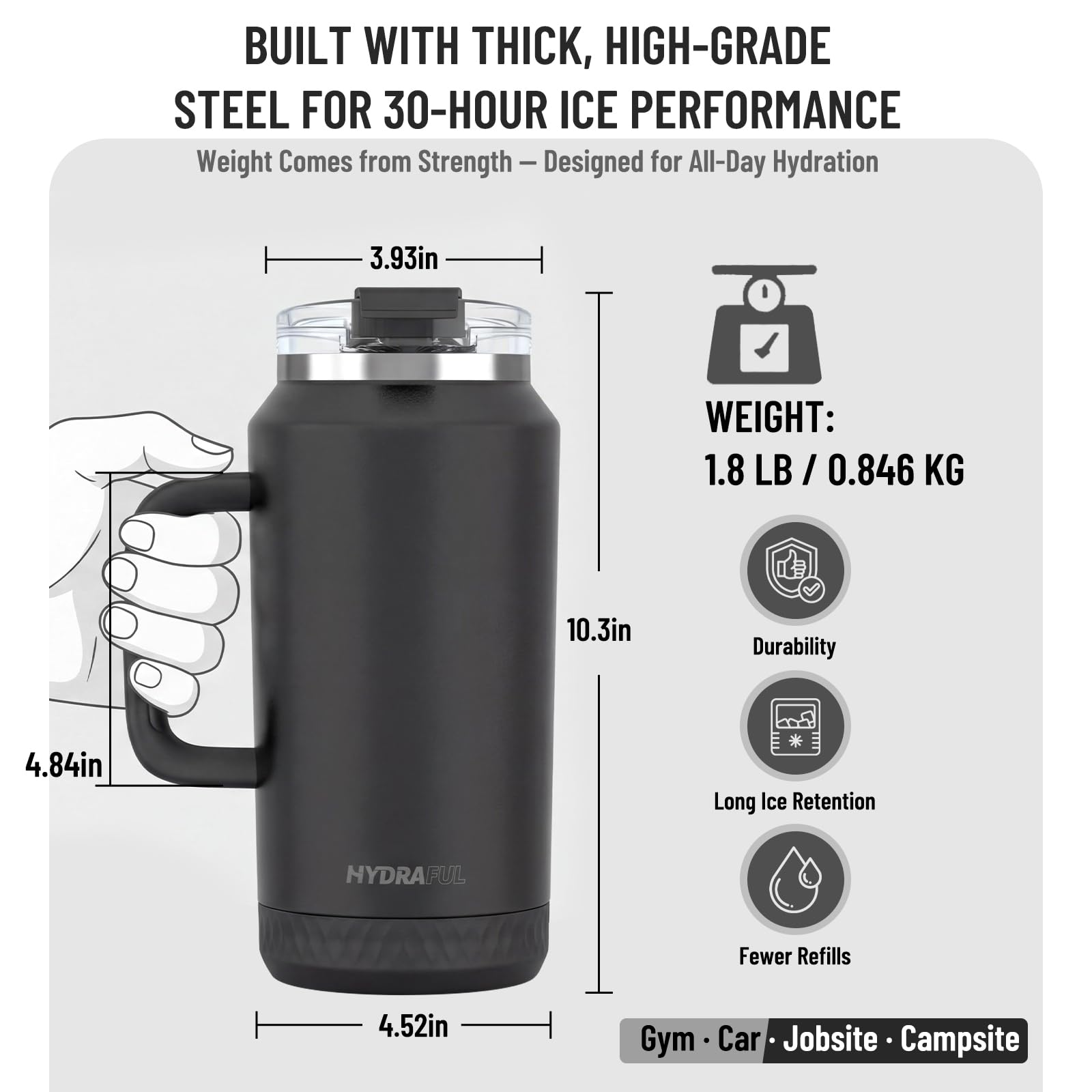 Hydraful 64oz tumbler double-wall insulation reduces condensation.