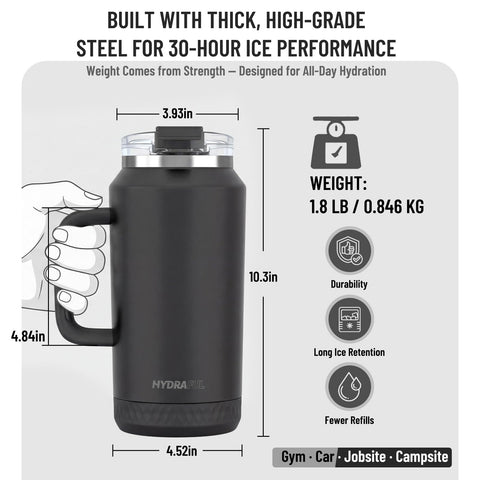 Hydraful 64oz tumbler double-wall insulation reduces condensation.