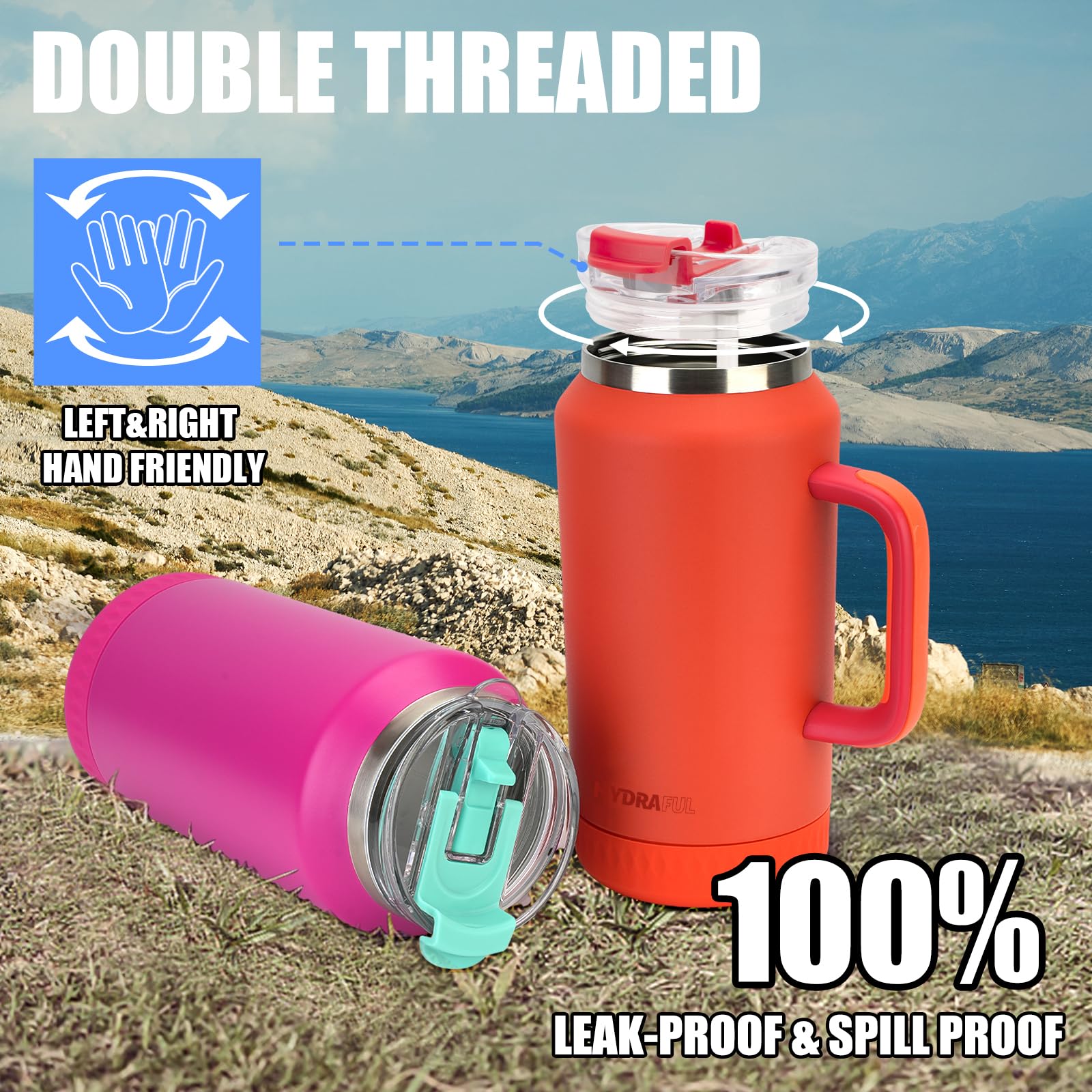 Hydraful 64oz insulated tumbler keeps drinks cold or hot for hours.