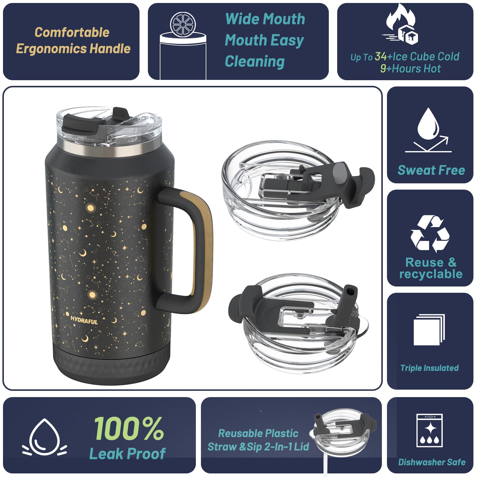 Hydraful 64oz tumbler wide mouth for easy cleaning and adding ice.