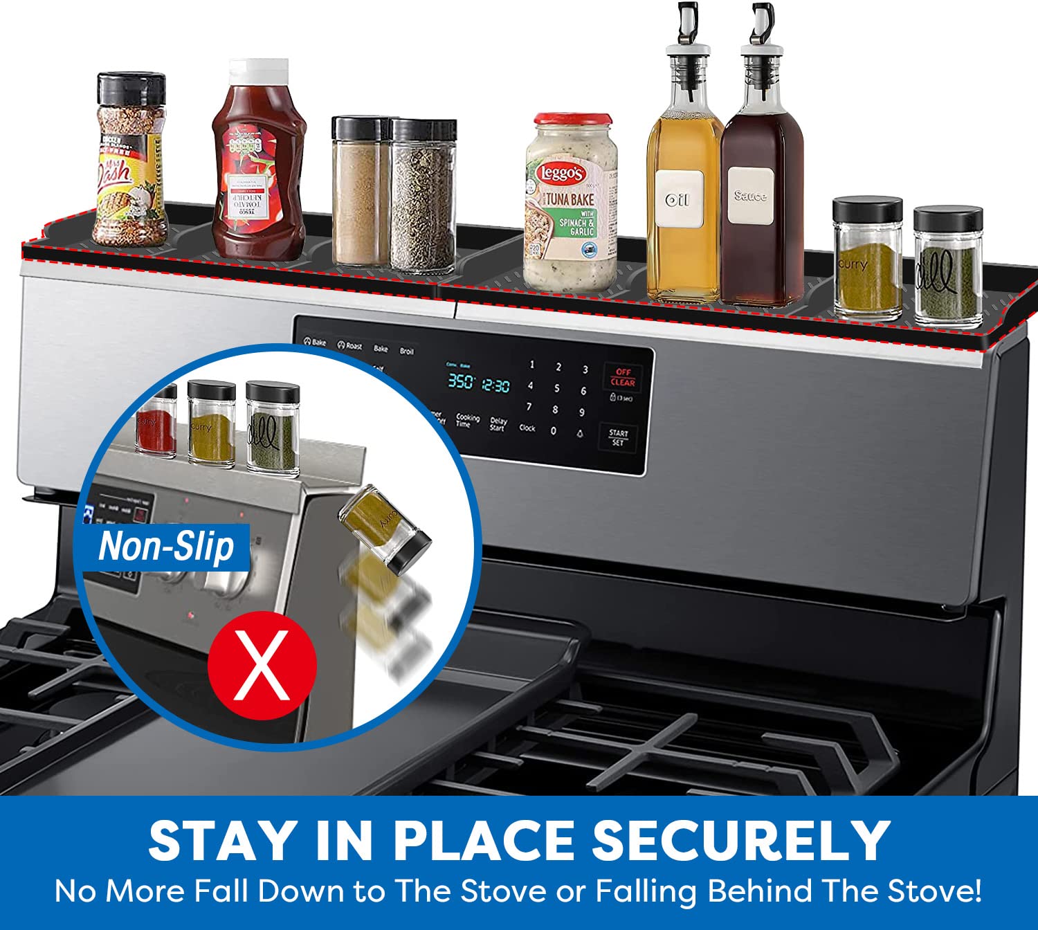 Hydream shelf in use over stove keeps spices visible during cooking.