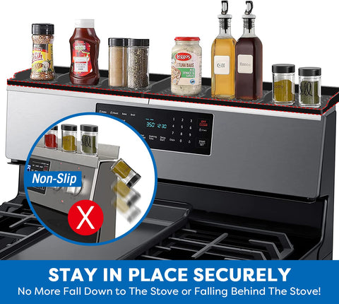 Hydream shelf in use over stove keeps spices visible during cooking.