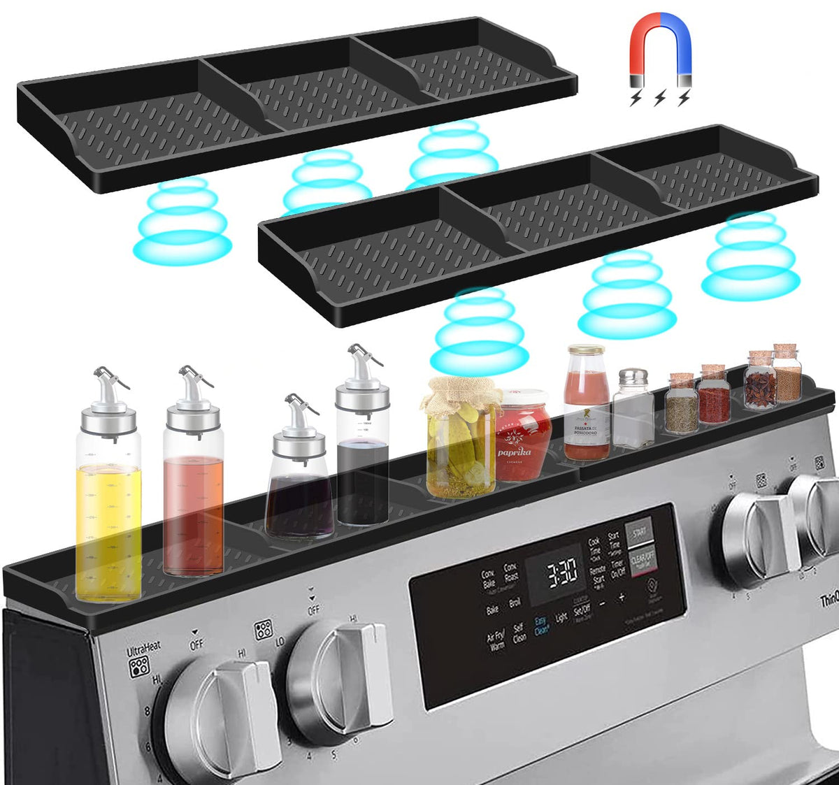 Hydream stove-top silicone shelf back-view showing secure spice storage.