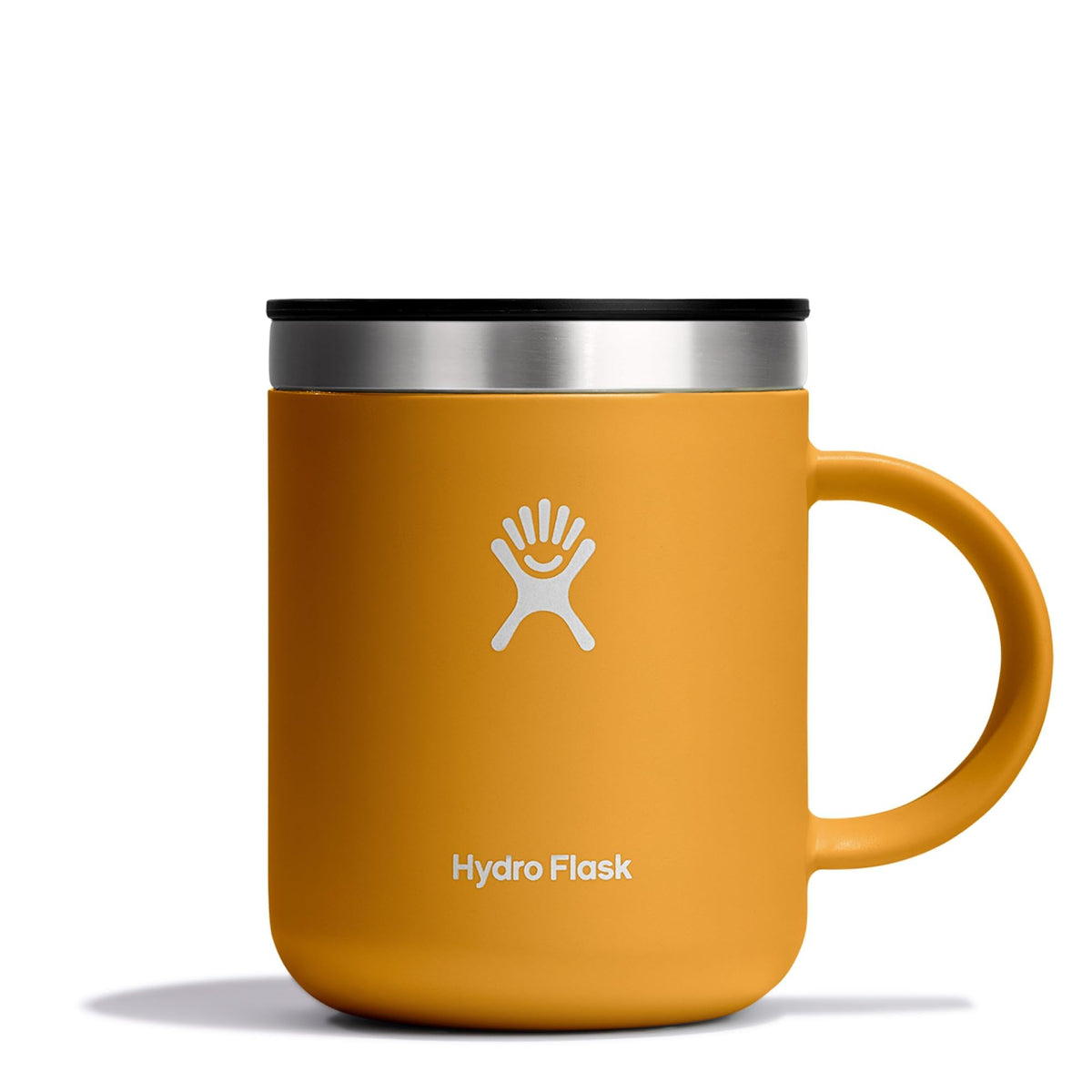 Hydro Flask 12 oz Mug Fossil closeup shows insulation that keeps drinks hot with a spill-resistant lid.