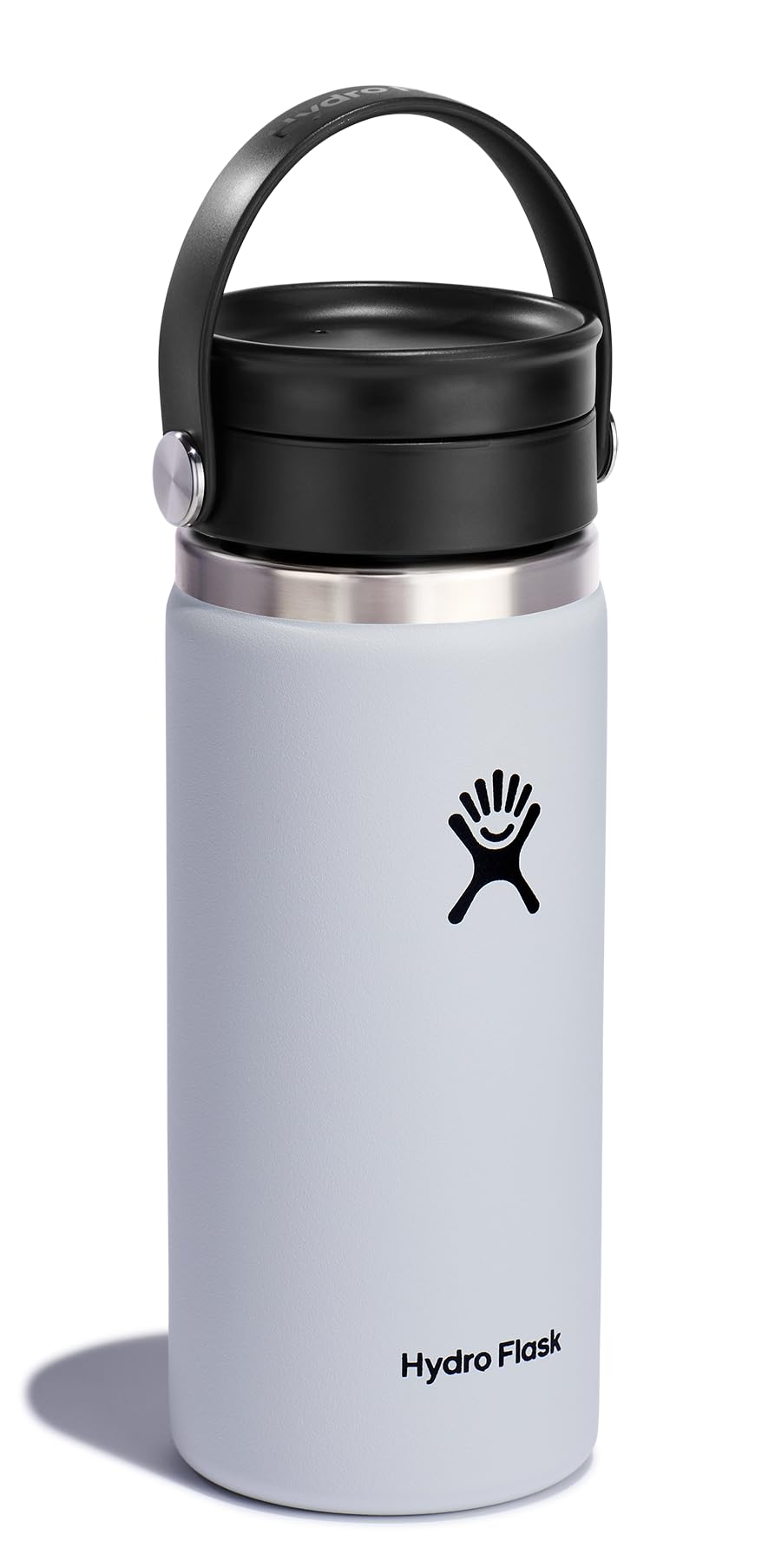 Hydro Flask 16oz White Flex Sip bottle keeps drinks hot or cold for hours.