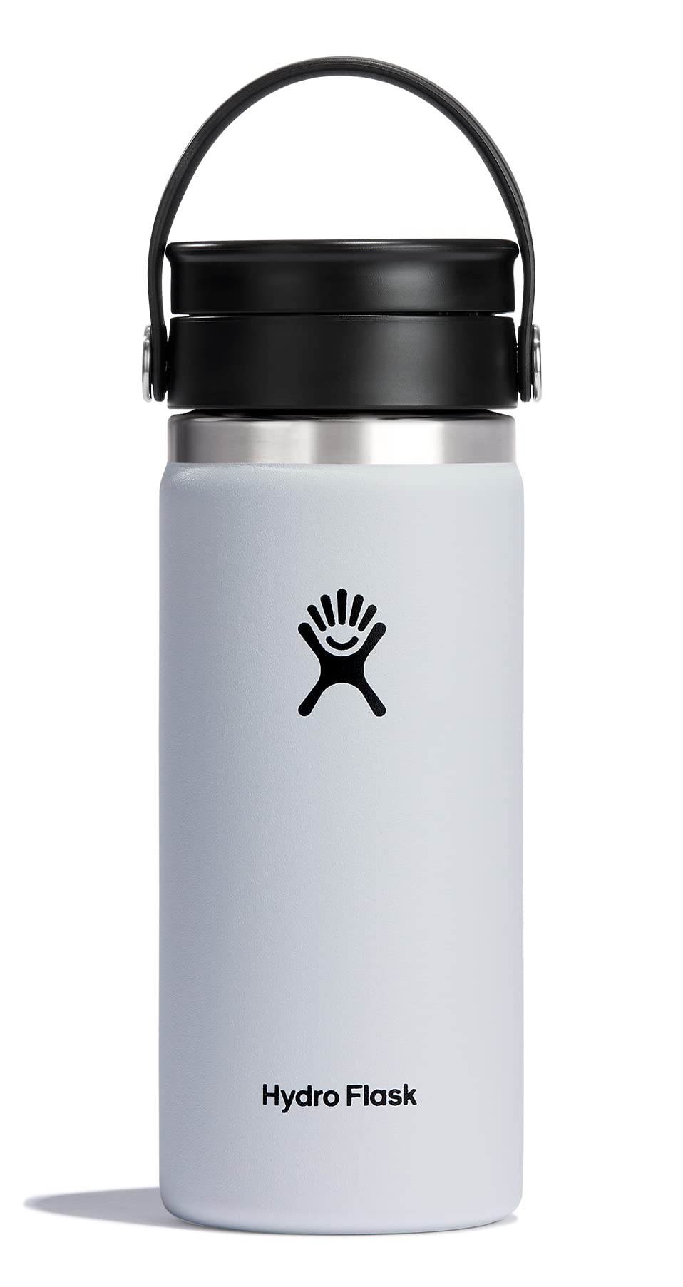Hydro Flask 16oz White Flex Sip Lid shows a leakproof seal for hot coffee.