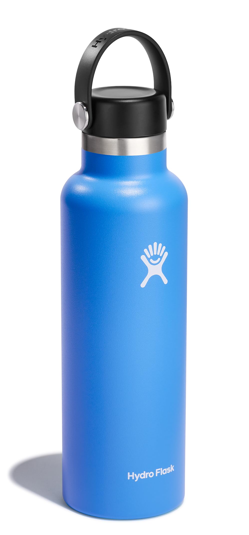 Hydro Flask 21oz Cascade Blue bottle with lid open for easy access.