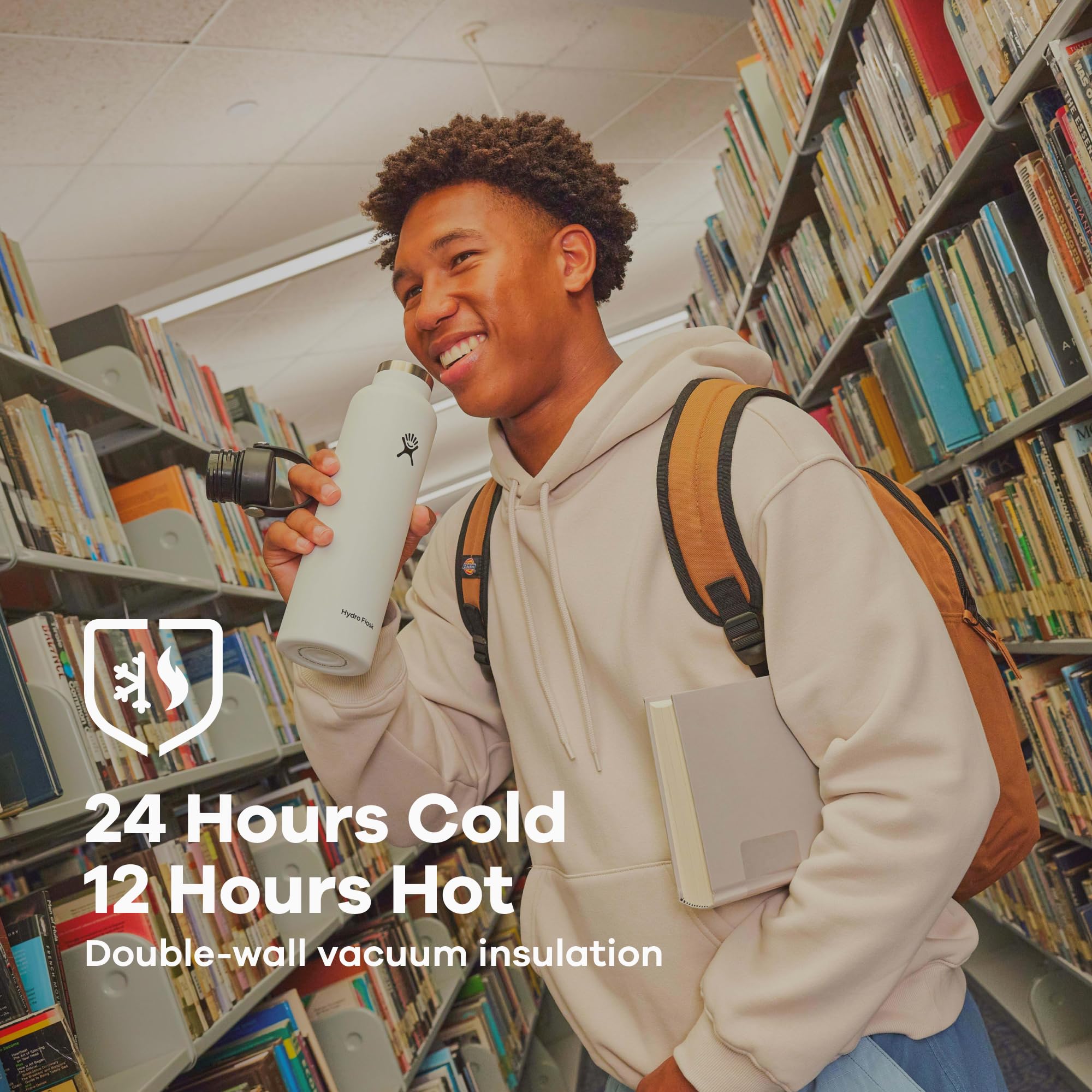 Hydro Flask bottle fits ice cubes for refreshing cold beverages.