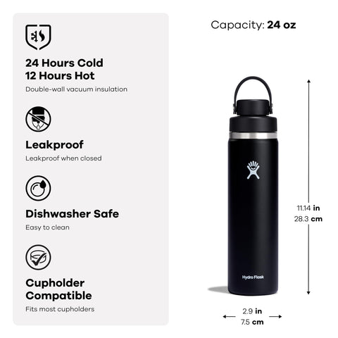 Hydro Flask 24oz chug-cap bottle compatible with wide-mouth caps and lids
