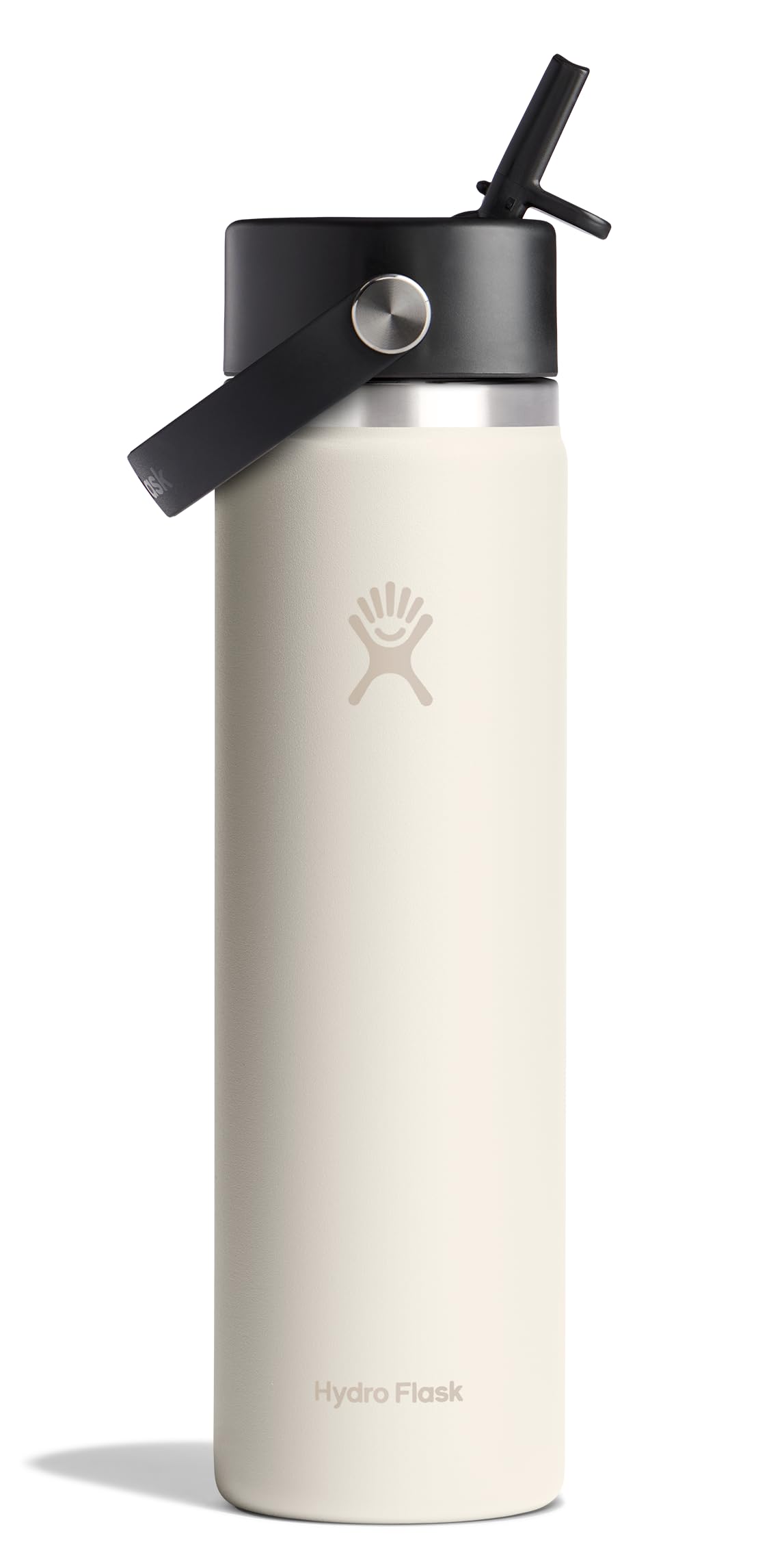 Hydro Flask 24 oz ivory wide-mouth bottle with Flex Straw Cap, keeps drinks cold.