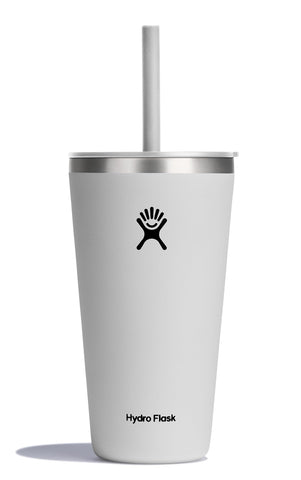 Hydro Flask 28 oz All Around Tumbler with Straw Lid in white, close-up, keeps drinks cold