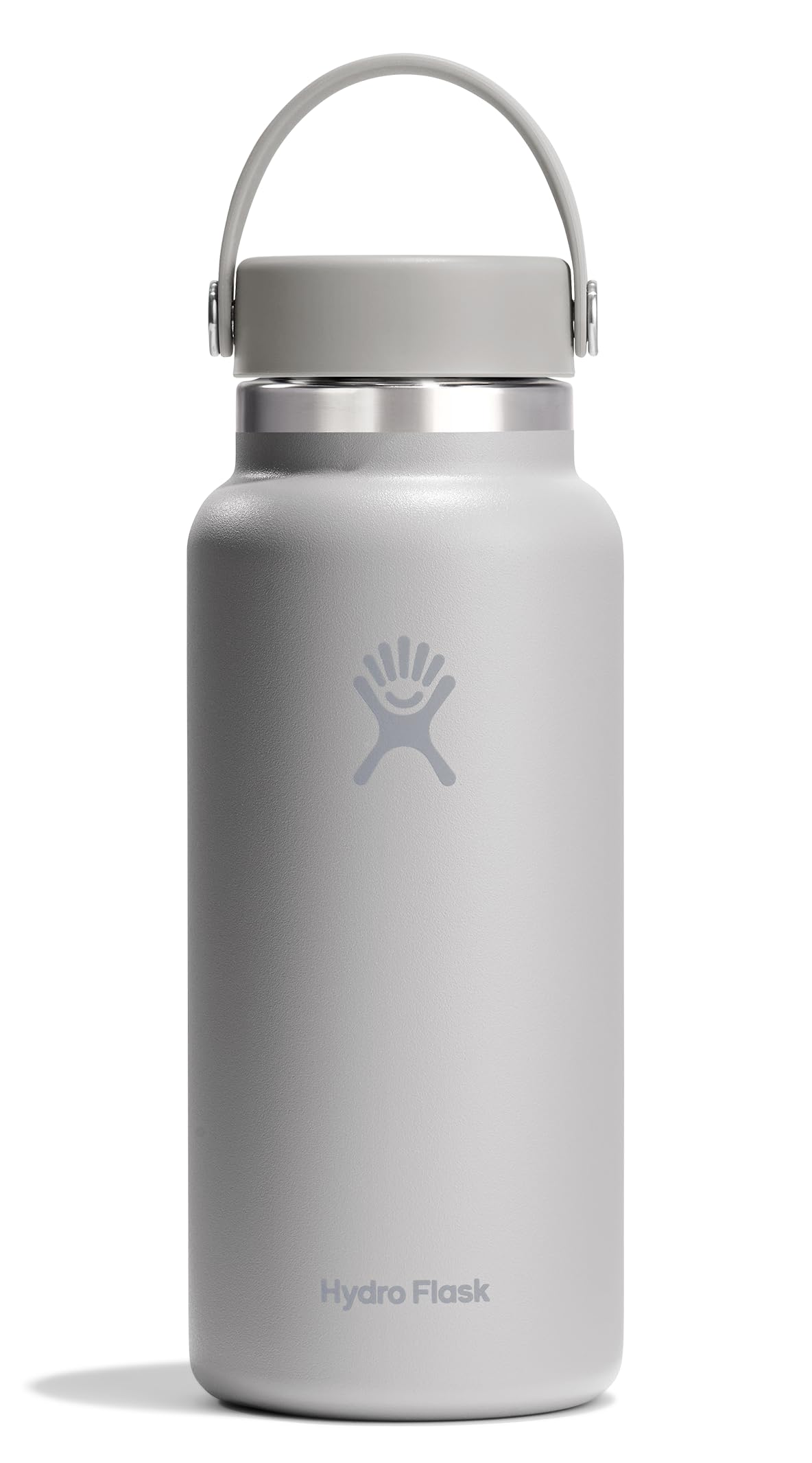 Hydro Flask 32 oz birch gray wide-mouth bottle with leakproof cap keeps drinks cold up to 24 hours.