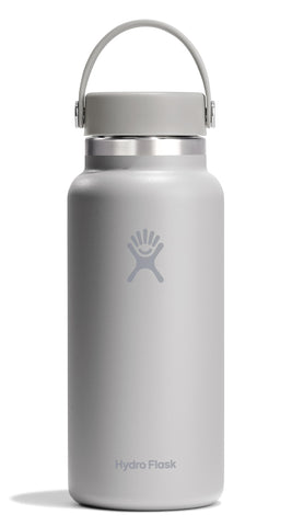 Hydro Flask 32 oz birch gray wide-mouth bottle with leakproof cap keeps drinks cold up to 24 hours.