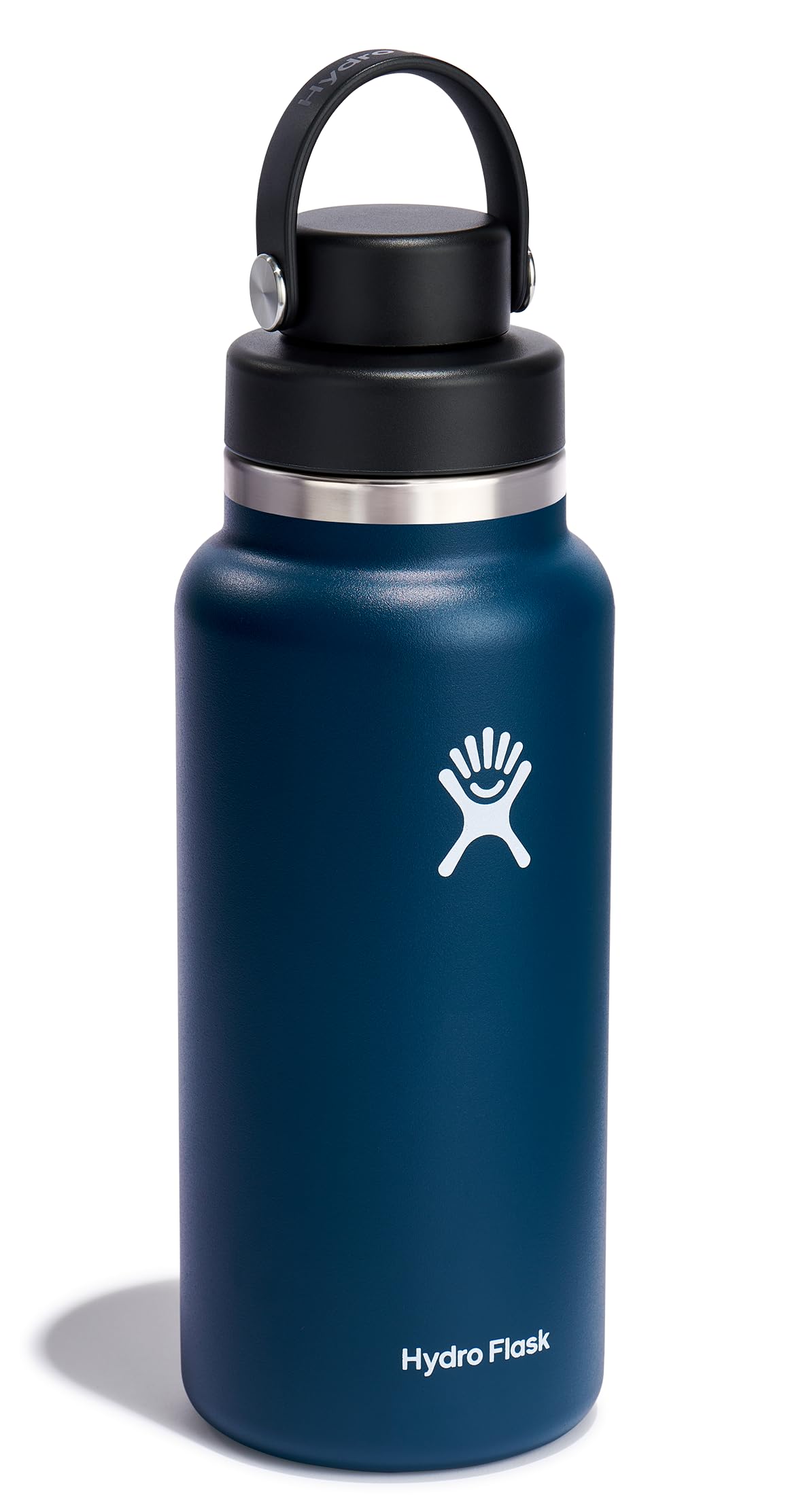 Hydro Flask 32 oz Indigo chug cap close-up showing controlled sipping.