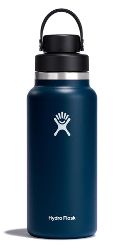 Hydro Flask 32 oz Indigo wide mouth bottle with leakproof cap for ice chilling.