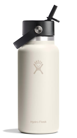 Hydro Flask 32 oz Ivory wide mouth bottle closeup with leakproof Flex Straw Cap for travel.